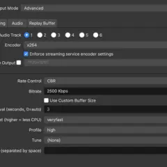 Adjusting streaming settings: x264 encoder, 2500 Kbps bitrate, and 'veryfast' CPU preset for optimal performance.