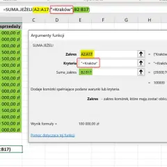 Excel pokazuje funkcję SUMA.JEŻELI, która sumuje przychody dla Krakowa.
