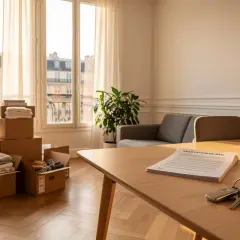 Une lettre de résiliation de bail pour un appartement meublé est posée sur une table en bois, avec des clés et des cartons de déménagement à proximité.