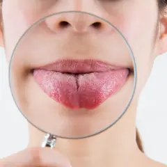 Primo piano di una bocca con una lente d'ingrandimento che mostra una lingua con una profonda fessura centrale, la lingua spaccata.
