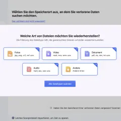 Datenrettungsprogramm: Festplatte auswählen, um verlorene Daten wiederherzustellen. Fotos, Videos, Dokumente oder Audio wiederherstellen.