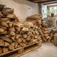 Holz im Keller trocknen: Große Stapel gespaltenes Brennholz lagern auf Paletten und am Boden. Ein Fenster lässt Licht herein.