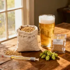 Verre de bière dorée, sac de grains, cônes de houblon jardin et thermomètre sur une table en bois.