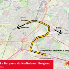 Mapa pokazuje trasę kolejową z lotniska w Bergamo do Mediolanu.