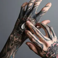 Hände mit detaillierten Tattoos werden eingecremt. Eine Person trägt eine weiße Creme auf ihre tätowierten Finger und Handrücken auf.
