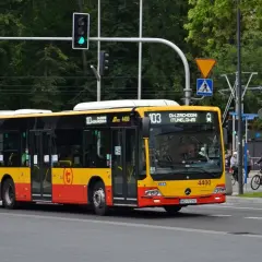 Żółto-czerwony autobus linii 103 w Warszawie jedzie ulicą. W tle drzewa i sygnalizacja świetlna.