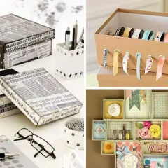 Idee lavoretti con scatole di scarpe: scatole decorate con giornali, porta nastri e contenitori a cassetti.