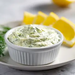 Krämig sherrysås till lax, garnerad med dill och citronklyftor. Perfekt tillbehör för en festlig måltid.