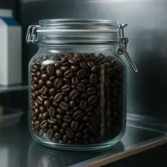 En glasburk fylld med mörka kaffebönor står på en hylla. Frågan är, kan kaffe bli gammalt?