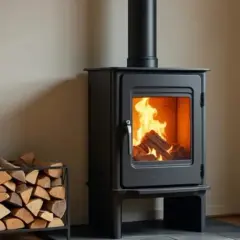 Un poêle à bois moderne avec un feu vif, entouré de bois de chauffage. Le tubage noir s'élève élégamment. Quel tubage pour poele a bois choisir pour un tel décor ?