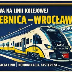 Nowoczesny szynobus na trasie Wrocław-Trzebnica. Informacja o przerwie w ruchu i modernizacji linii.