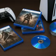 Kontroler PS5, gry w pudełkach z wojownikiem i samochodem, płyty Blu-ray i konsola. To najlepsze gry na telefon, które przeniosą Cię do wirtualnych światów.