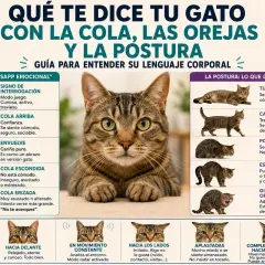 Guía para entender el lenguaje corporal de los gatos: cola, orejas y postura. Ilustra cómo los felinos comunican sus emociones.