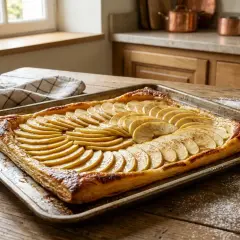 Une tarte aux pommes simple, aux fines tranches de pommes dorées sur une pâte feuilletée croustillante, prête à être dégustée.