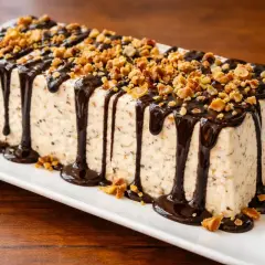 Parfait dolce a forma di panettone, ricoperto di cioccolato fuso e granella di nocciole croccanti.