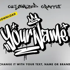 Graffiti-Schriftzug "Your Name" mit Krone, gelbem Banner "Digital Download" und Text "Change it with your text, name or brand".