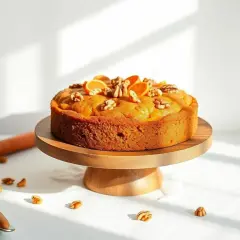 Pyszne ciasto bez glutenu, udekorowane pomarańczą i orzechami, prezentuje się apetycznie na drewnianej podstawie. Obok leży marchewka.