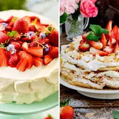 Två midsommar desserter: en gräddig tårta med jordgubbar och en marängtårta med jordgubbar och mandel.