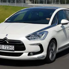 Biały Citroen DS5 na drodze. Kierowca trzyma kierownicę. Wiele osób chwali ten model, a jego opinie są pozytywne.
