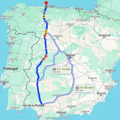 Mapa de España y Portugal con una ruta marcada de Gijón a Sevilla, mostrando el itinerario de la Ruta de la Plata.
