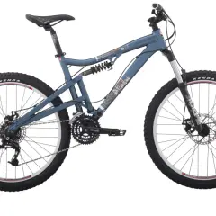 A blue Diamondback Recoil mountain bike with full suspension, Kenda tires, and disc brakes, ready for any trail.