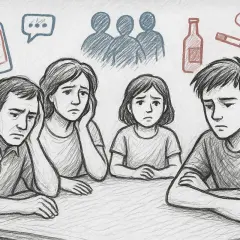 Famiglia triste, con simboli di dipendenza (telefono, alcol, sigaretta) e isolamento sociale. Le conseguenze sui figli di tossicodipendenti sono evidenti nel loro volto.