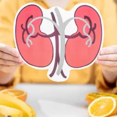 Osoba trzyma symbol nerek, a na stole leżą owoce i warzywa. Zastanawiasz się, co pić na chore nerki? Woda i zdrowe napoje to podstawa.
