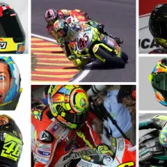 Collage de los **mejores cascos de Valentino Rossi**, con diseños icónicos como el "Ringo" y el rostro de "Tribú dei Chihuahua".