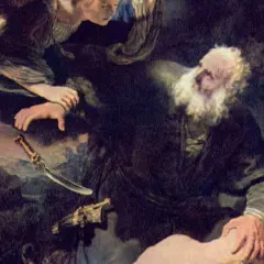 Anioł powstrzymuje rękę Abrahama, by nie złożył w ofierze syna Izaaka. Obok leży nóż.