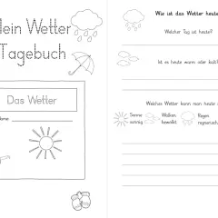 Eine Vorlage für ein Klassentier Tagebuch, um das Wetter festzuhalten. Mit Feldern für Name, Tag, Temperatur und Wetterbedingungen wie Sonne, Wolken, Regen und Schnee.