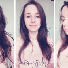 Trzy ujęcia kobiety z brązowymi, pofalowanymi włosami i w różowej bluzce.