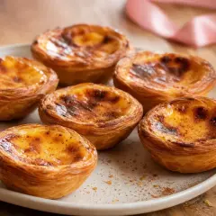 Six délicieux pasteis de nata, dorés et caramélisés, sur une assiette blanche, avec un ruban rose en arrière-plan.