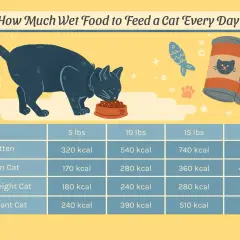Chart shows how much wet food to feed a cat daily based on weight and life stage, from kittens to pregnant cats.