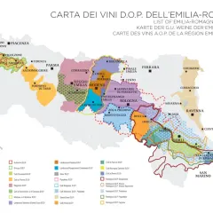 Mappa dei vini D.O.P. dell'Emilia-Romagna, con aree di produzione e nomi di città. Un viaggio tra i sapori dei vini emilia romagna.