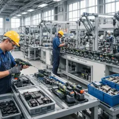 Ouvriers en casque jaune travaillant sur une chaîne de montage, outils à la main, dans une usine de fabrication Bosch.