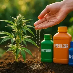 Piantina autofiorenti in terra, mano che annaffia, fertilizzanti. Ideale per chi cerca la temperatura minima ideale per la crescita.