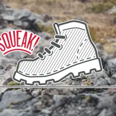 Illustration of a boot with "SQUEAK!" text, hinting at how to make boots quieter.