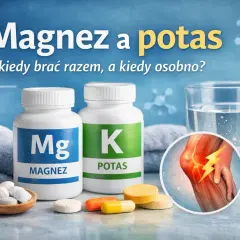 Magnez i potas w tabletkach, obok szklanki wody i symbolu bólu stawu. Dowiedz się, kiedy warto je brać razem.