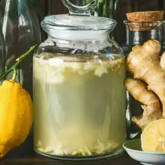 En stor glasburk med bubblande vätska, ingefära och en citron. Ingredienser för ett **ginger bug recept**.