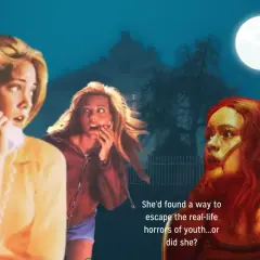 Trzy przerażone nastolatki w nocnej scenerii z nawiedzonym domem w tle. Idealny horror dla nastolatków.