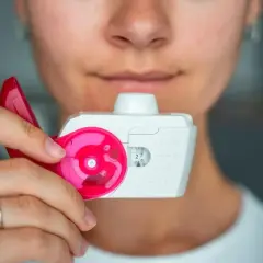 Eine Person hält einen Inhalator, bereit zum Inhalieren.