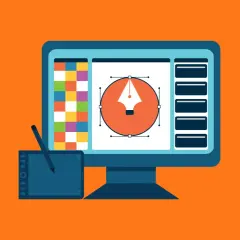 Computer screen with a pen tool icon, color swatches, and toolbars. Perfect for learning Adobe Illustrator tutorials.
