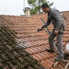 Un couvreur nettoie une toiture envahie par la mousse. Un entretien essentiel pour locataire ou propriétaire, garantissant la longévité de la maison.