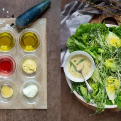 Ingredienser för ett gott salladsdressing recept: olivolja, vinäger, senap, majonnäs och honung. Serveras med en fräsch sallad.