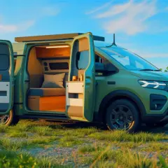 Camping-car vert avec portes ouvertes, révélant un intérieur aménagé avec lit et rangements. Idéal pour l'aventure, ce camping-car avec voiture intégrée promet des escapades inoubliables.