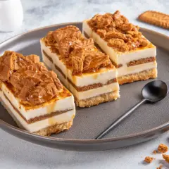 Pyszne ciasto bez pieczenia tanie, z warstwami kremu i ciasteczek, posypane pokruszonymi biszkoptami i polane syropem.