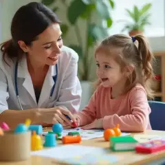 Uśmiechnięta pedagog prowadzi terapię z dzieckiem, wspólnie rysują i bawią się kolorowymi zabawkami.