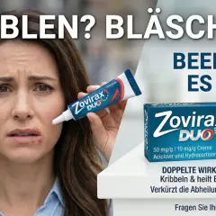 Frau mit Lippenherpes, die Zovirax Duo Creme hält. Die Creme hilft gegen das Kribbeln und heilt Bläschen schneller.