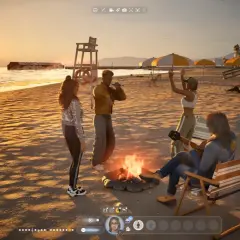 Grupa przyjaciół przy ognisku na plaży w grze symulator życia. Zachód słońca, muzyka i wspólne chwile.