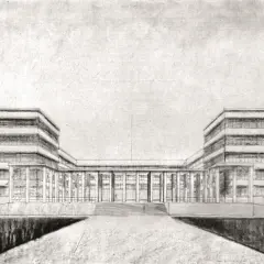 Architektoniczny szkic Adolfa Szyszko-Bohusza przedstawia nowoczesny budynek z symetrycznymi skrzydłami i przeszklonym łącznikiem.